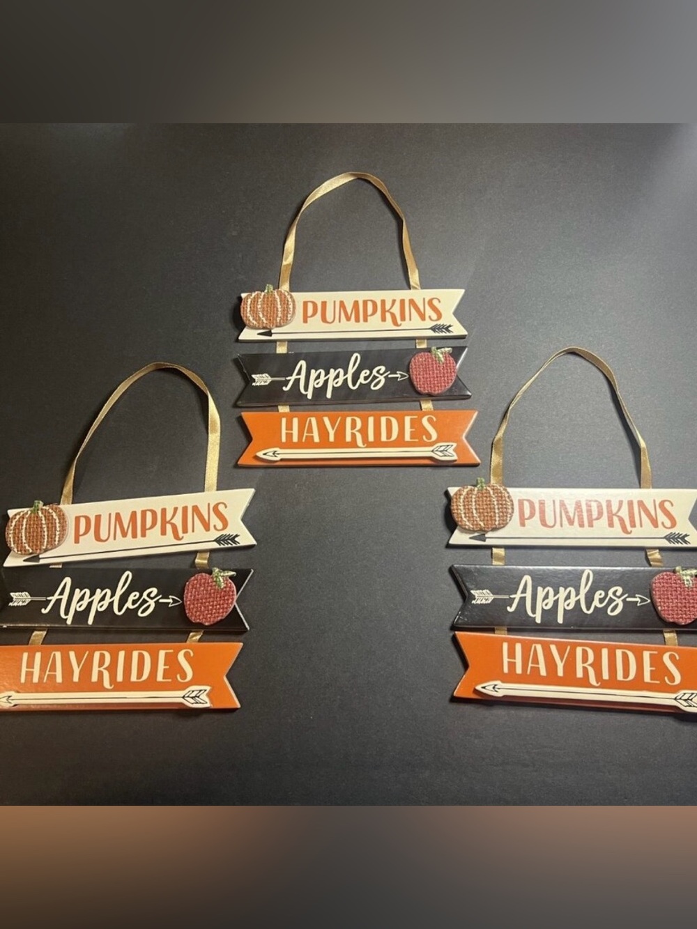 Lot of 3 Autumn Fall Pumpkins, Apples & Hayrides Hanging Wall Decor 4.75 x 5.75"